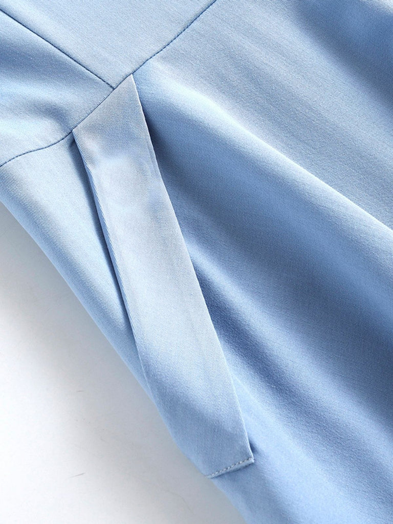 Blue 1950s Pocket Button Solid  Dress