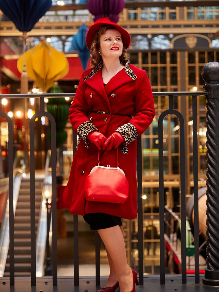 Wine Red 1950s Leopard Patchwork Button Coat