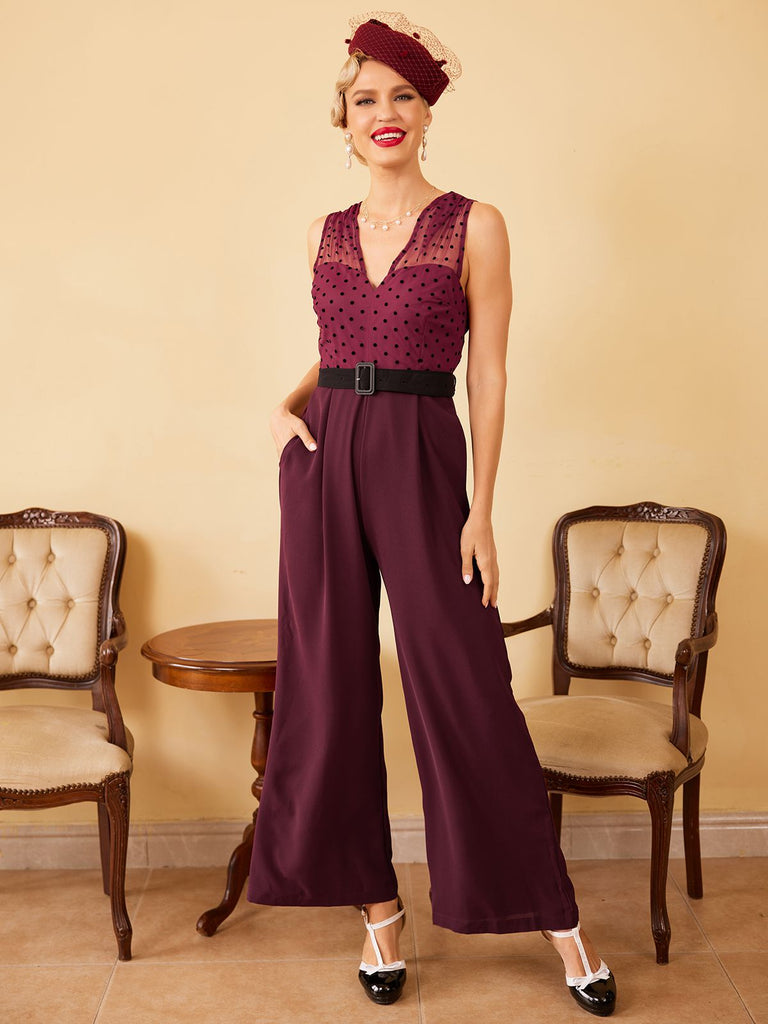 Wine Red 1930s Polka Dot Belt Jumpsuit