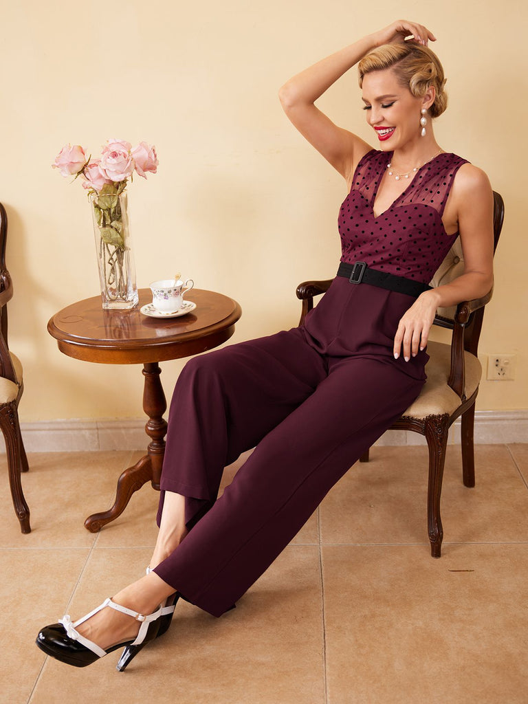 Wine Red 1930s Polka Dot Belt Jumpsuit