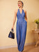 Blue 1930s Button Halter Solid Jumpsuit