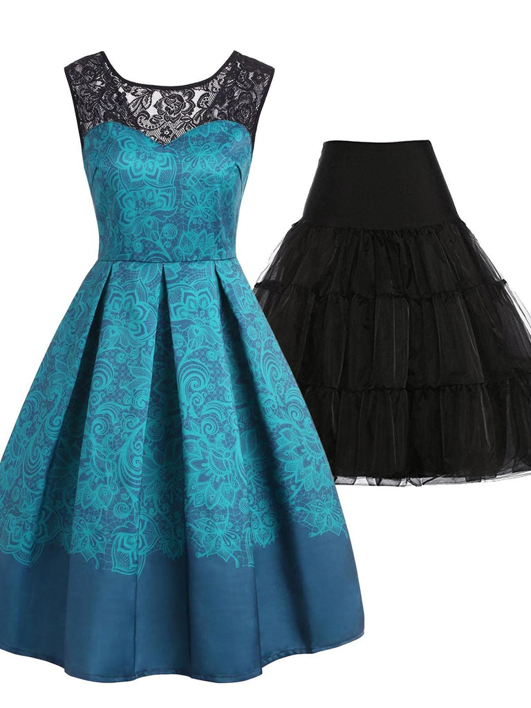 2PCS Blue 1950s Dress & Black Petticoat