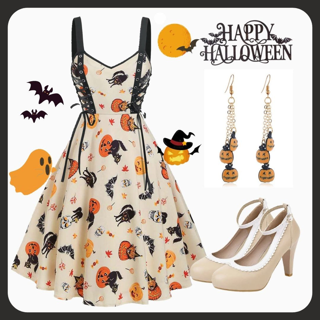 Beige 1950s Lace-Up Halloween Dress