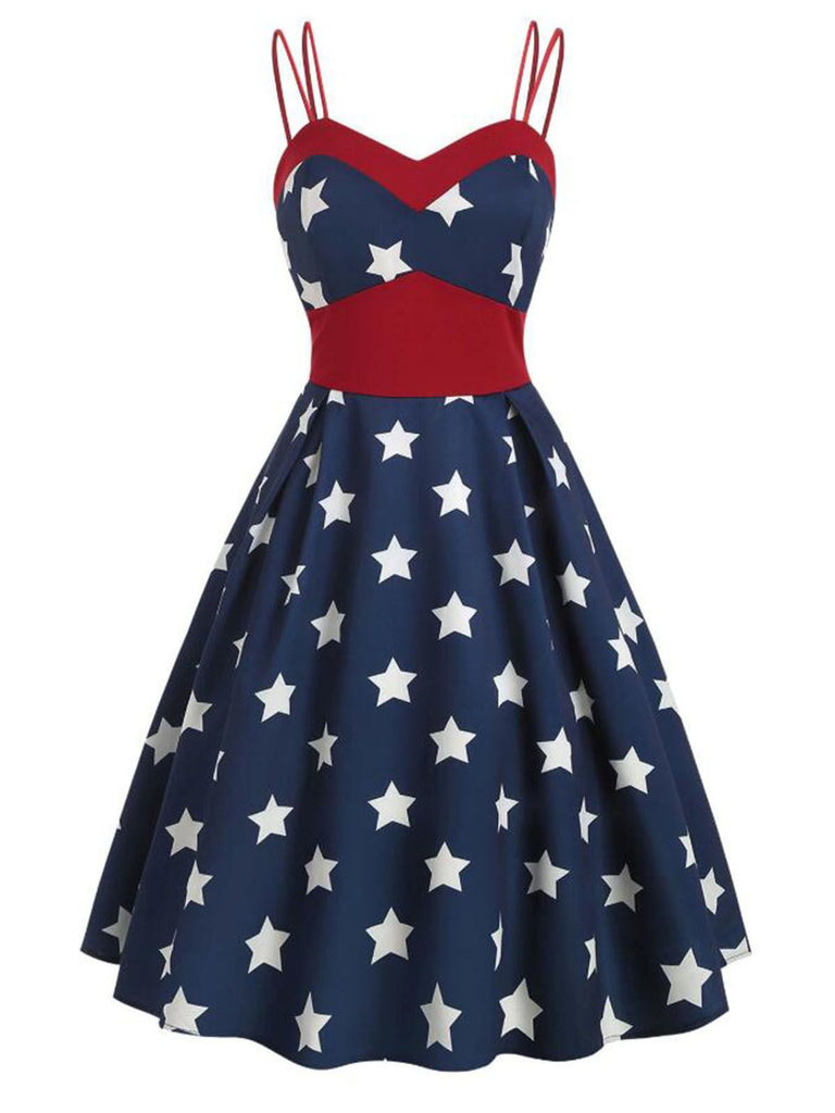 Navy Blue 1950s Stars Spaghetti Strap Dress