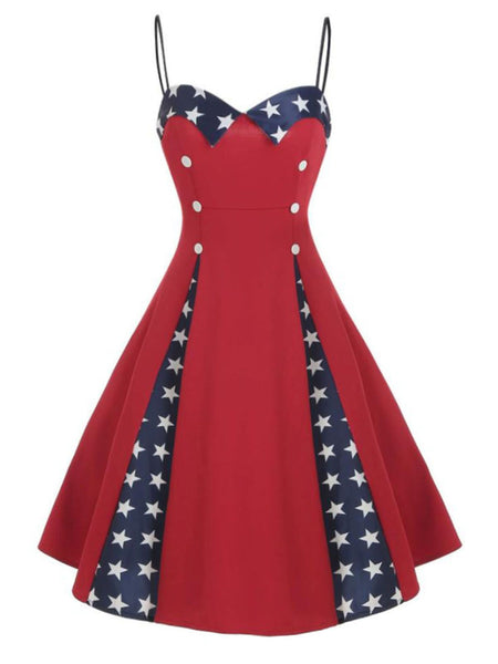 Red 1950s Stars Patchwork Strap Dress | Retro Stage