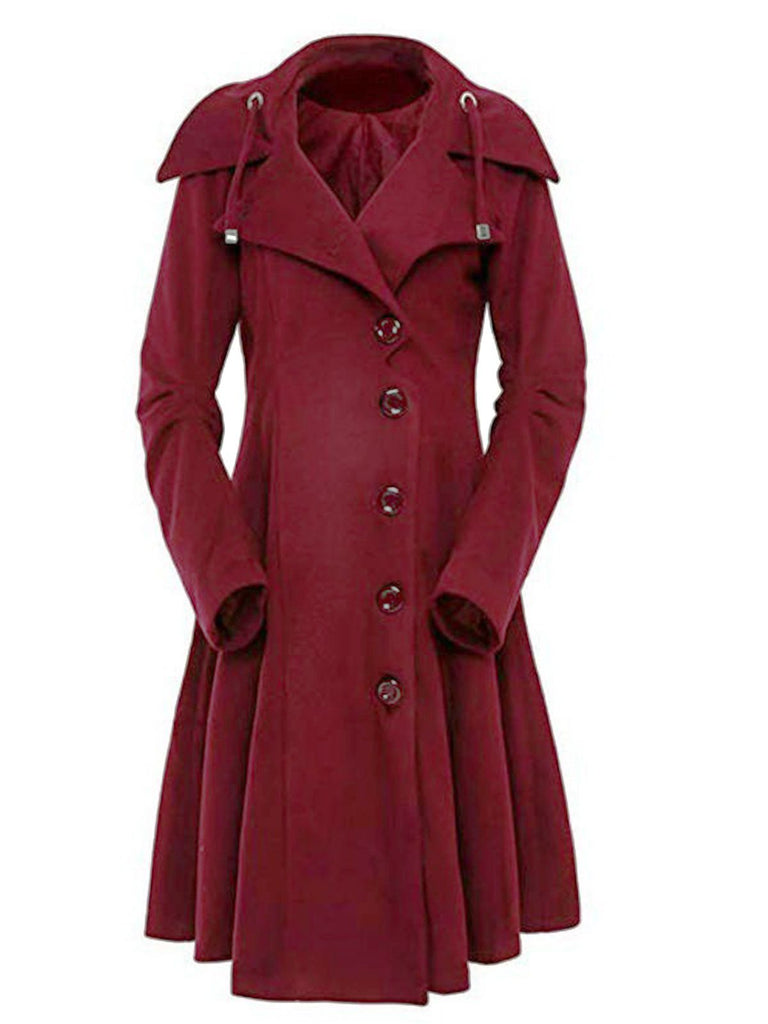 Wine Red 1950s Solid Button Coat