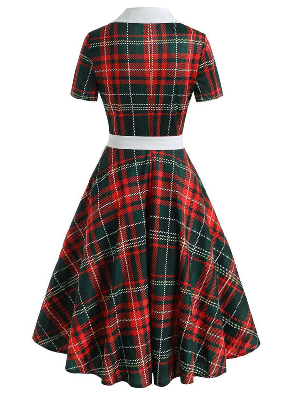 Red 1950s Plaid Bow Swing Dress | Retro Stage