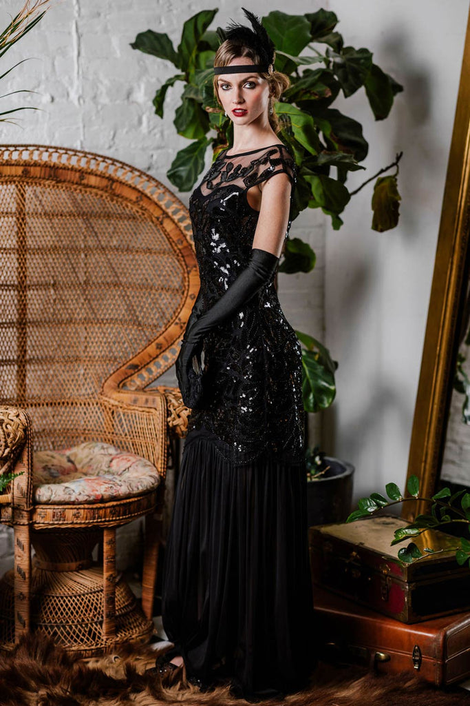 Black 1920s Sequin Maxi Flapper Dress