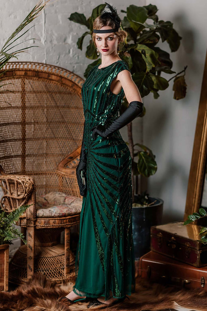 US Warehouse] Green 1920s Sequin Art Deco Maxi Dress