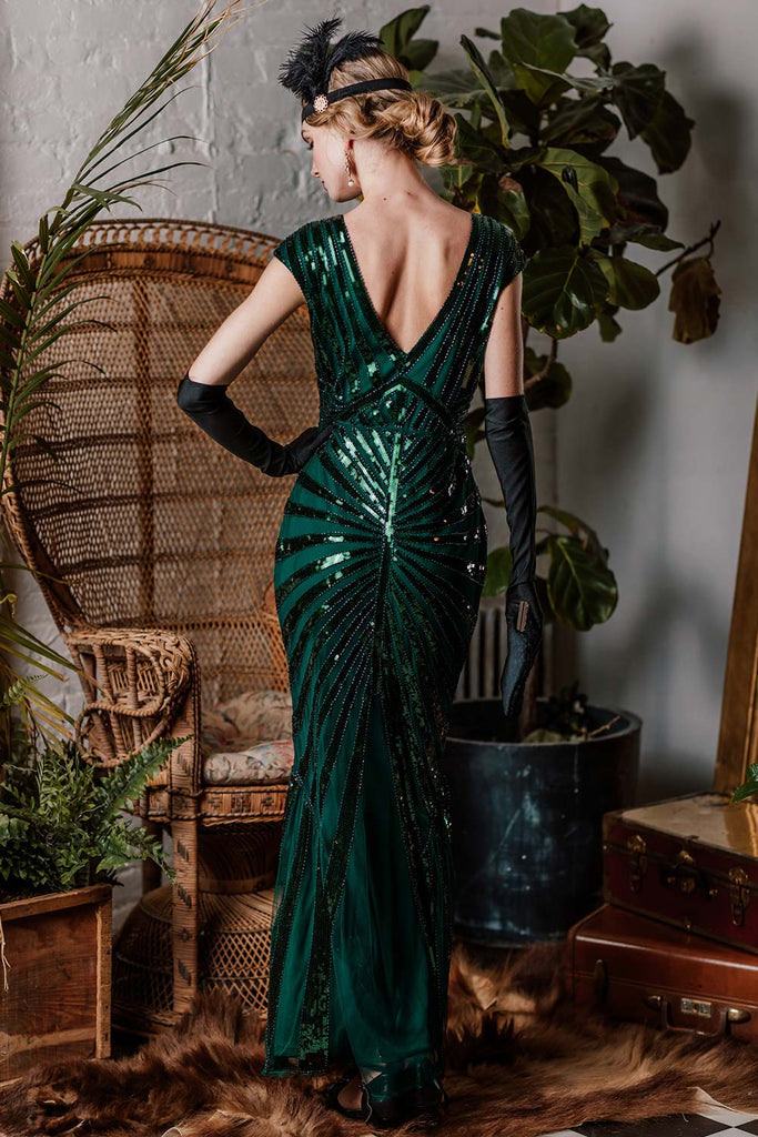[US Warehouse] Green 1920s Sequin Art Deco Maxi Dress