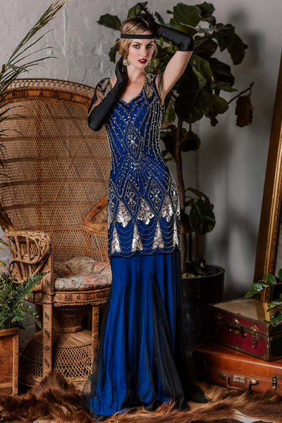 model wearing a Blue 1920s Sequined Maxi Flapper Dress, black gloves, and headband