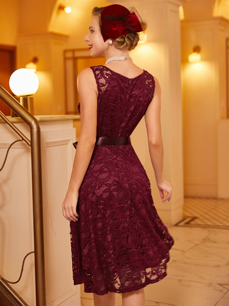 1950s Lace V Neck Bow Dress