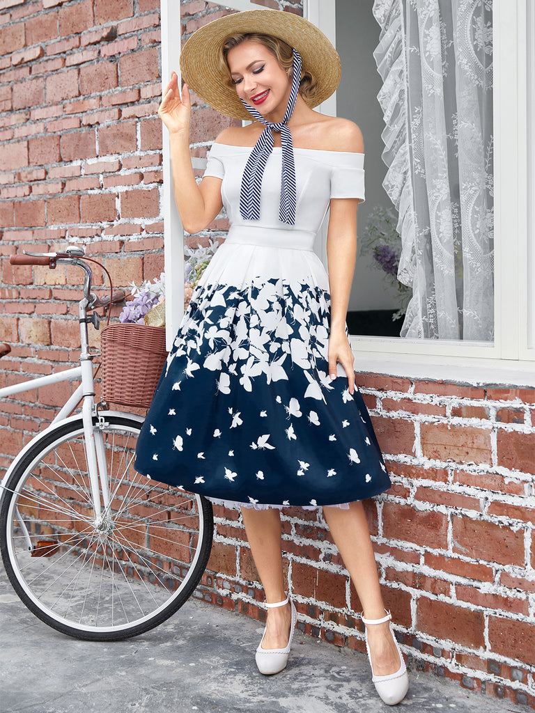 1950s Butterfly Off Shoulder Dress