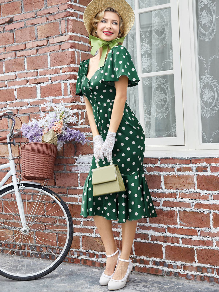 Emerald 1930s Polka Dot Fishtail Dress