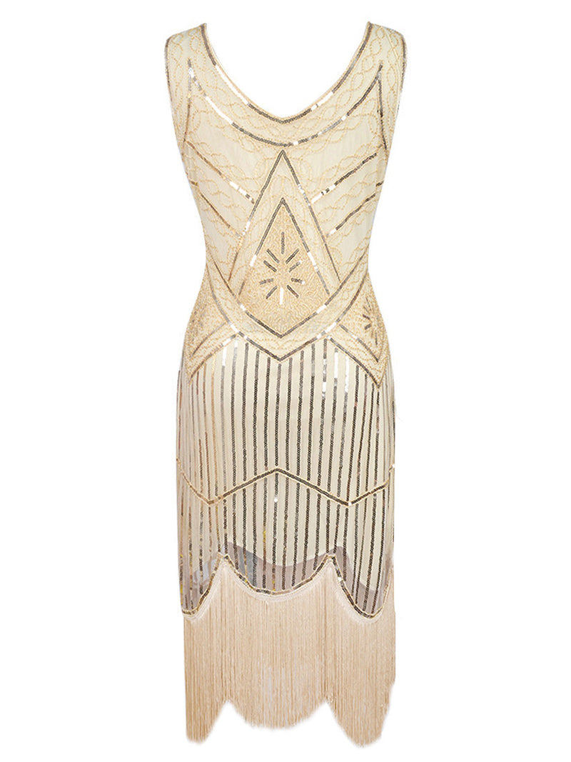 [US Warehouse] Apricot 1920s Beaded Sequin Flapper Dress