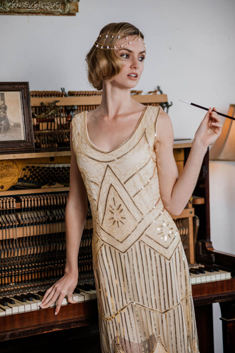 [US Warehouse] Apricot 1920s Beaded Sequin Flapper Dress