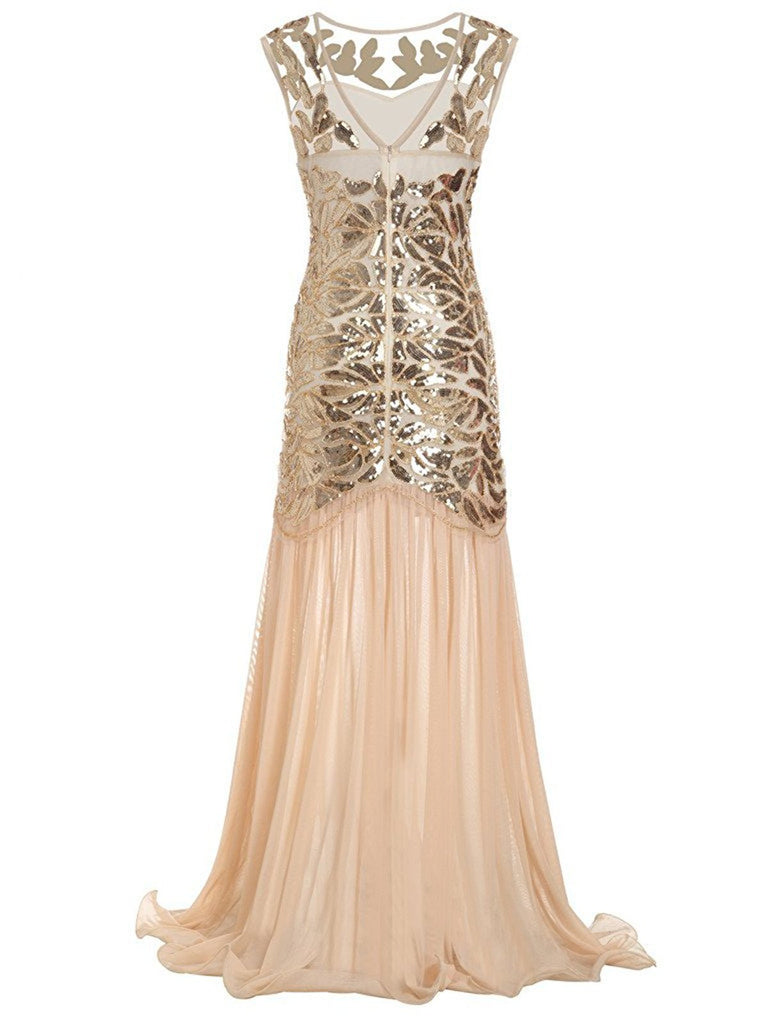 Apricot 1920s Sequin Maxi Flapper Dress, classic 1920s style elegant retro fashion - Image 4