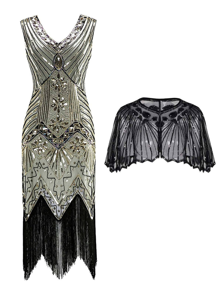2PCS Top Seller Champagne 1920s Dress & Black Cape