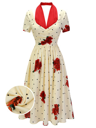 Beige 1930s Polka Dot Rose Patchwork Dress: timeless style reimagined