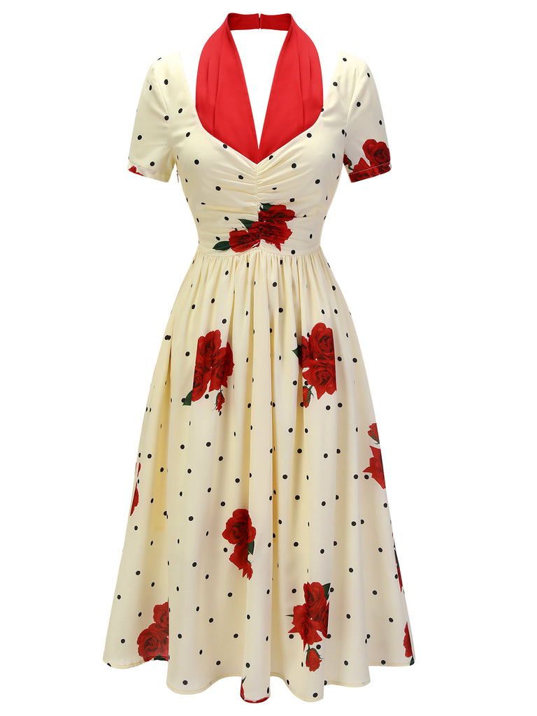 Beige 1930s Polka Dot Rose Patchwork Dress | Retro Stage Beige 1930s Polka Dot Rose Patchwork Dress | Retro Stage