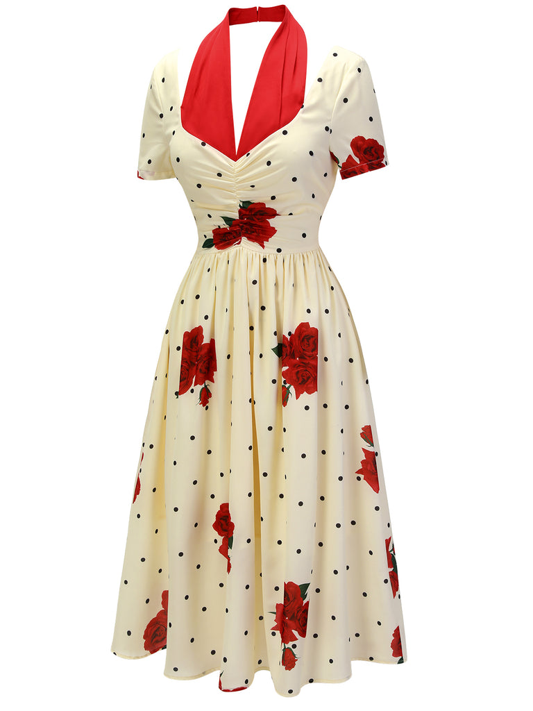 Beige 1930s Polka Dot Rose Patchwork Dress: timeless style reimagined