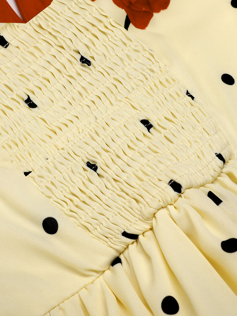 Beige 1930s Polka Dot Rose Patchwork Dress: timeless style reimagined