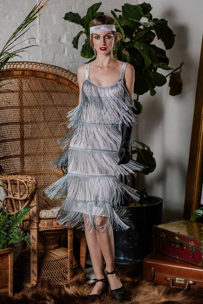 Clearance] Belted Gray 1920s Fringe Gatsby Dress-US Warehouse