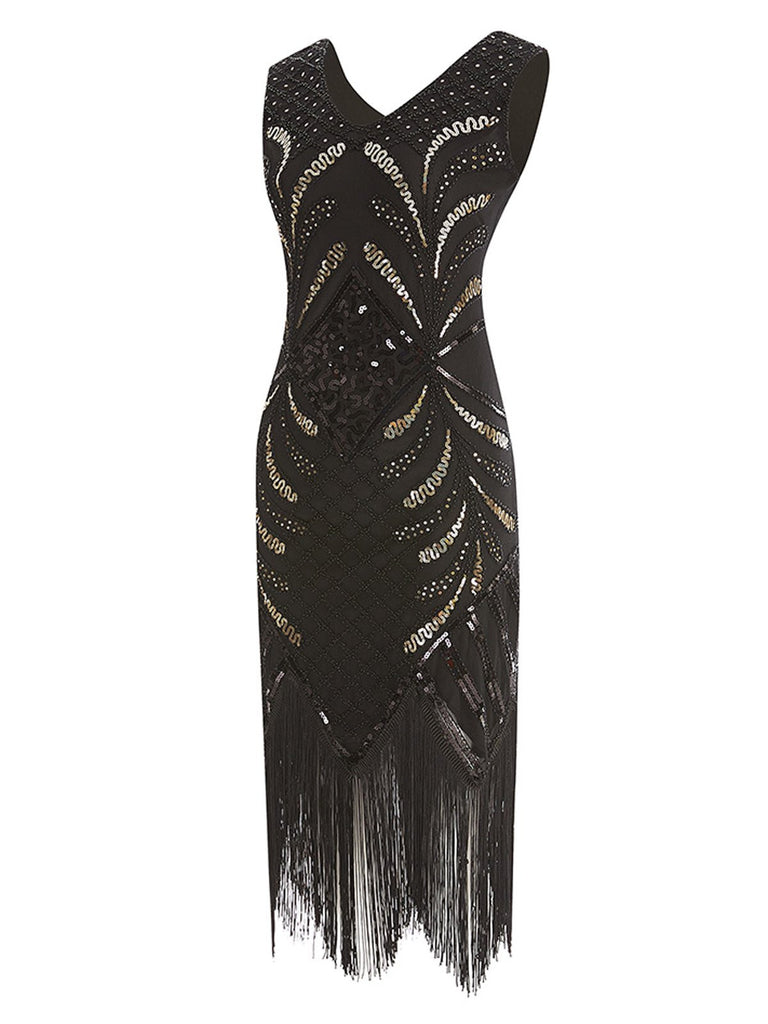 Black 1920s Sequin Fringed Gatsby Dress — vintage elegance for the modern woman