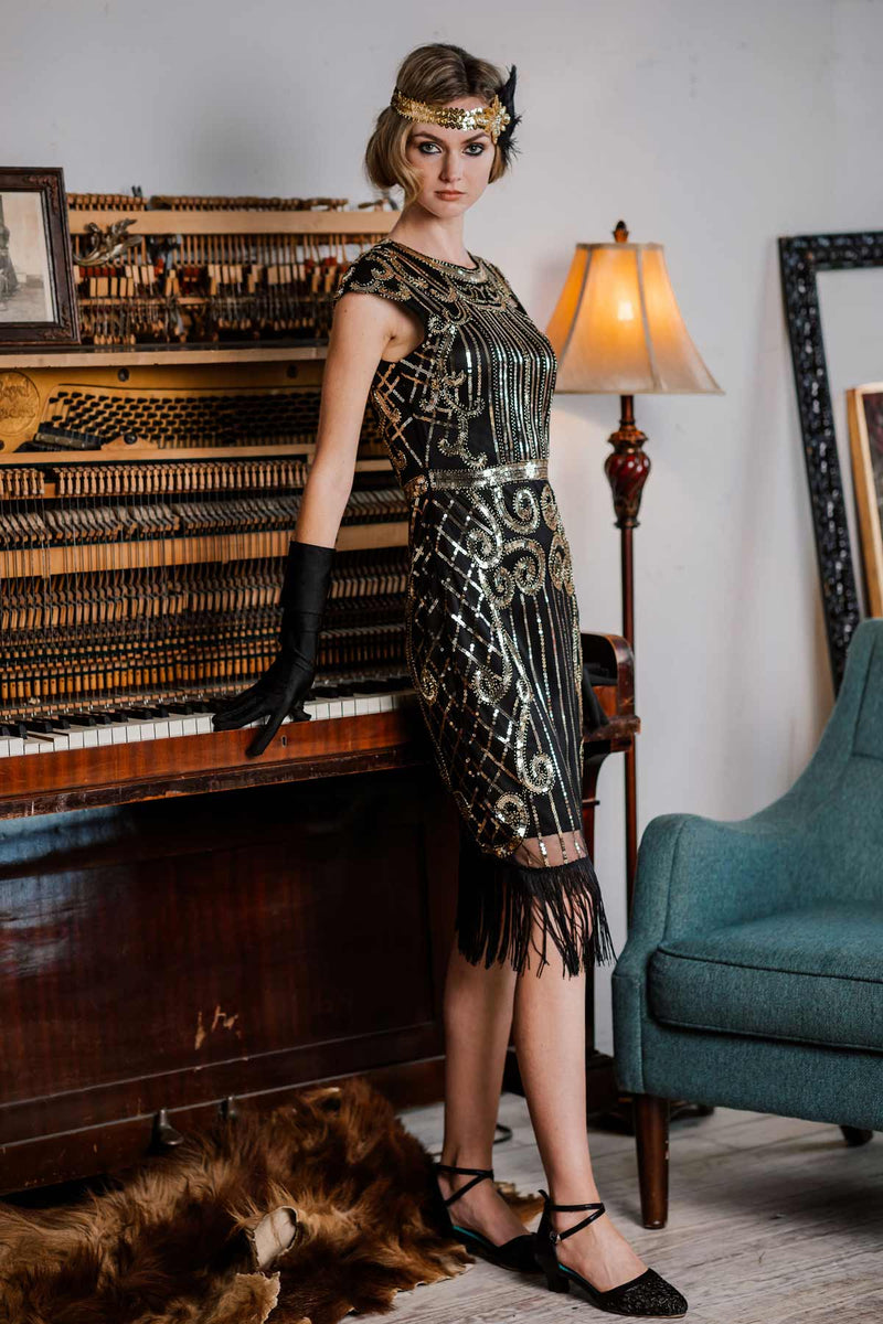 black sequin flapper dress 1920s Beaded Mable Flapper Dress