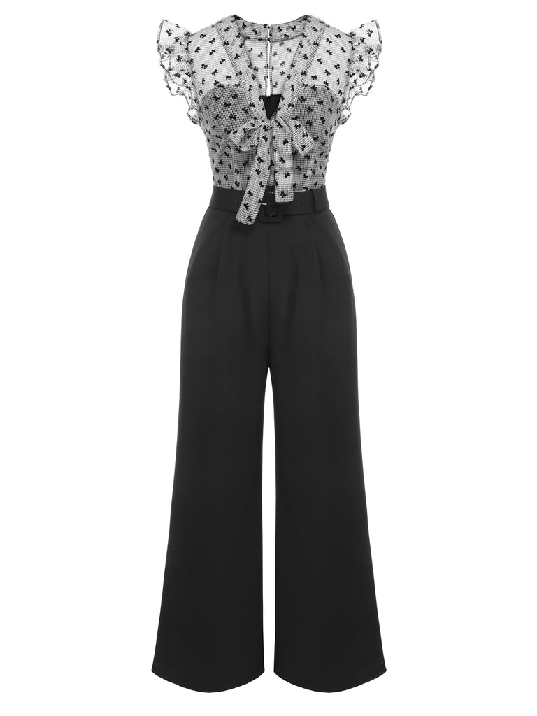 Black 1930s Mesh Bow-knot Patchwork Jumpsuit — vintage elegance for the modern woman
