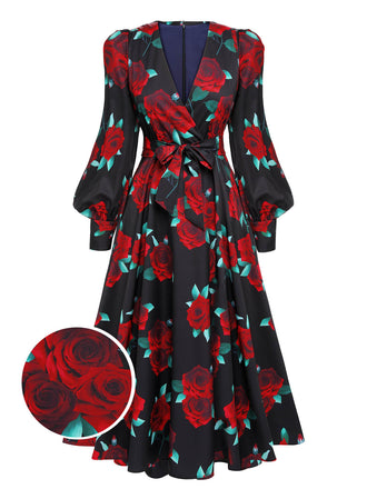 Black 1940s Rose Lantern Sleeve Lace-Up Dress: timeless style reimagined