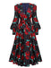 Black 1940s Rose Lantern Sleeve Lace-Up Dress, vintage dress, retro fashion, lace detail - perfect for women who love vintage and retro fashion