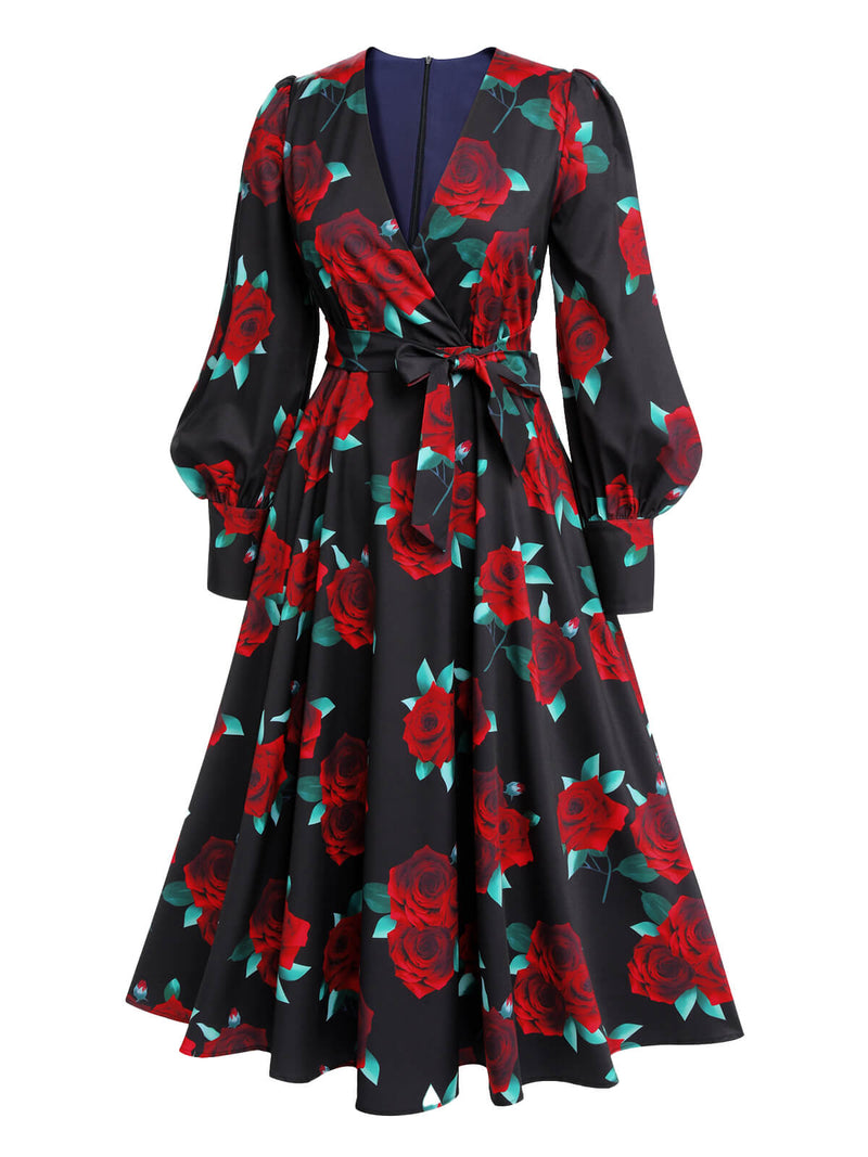 Retro Stage V-Neck Floral Long Sleeve Tea Dress Black