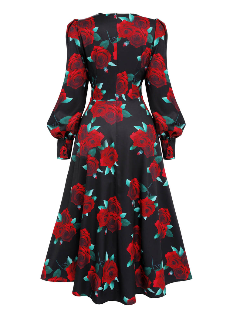 Retro Stage V-Neck Floral Long Sleeve Tea Dress Black Retro Stage V-Neck Floral Long Sleeve Tea Dress Black