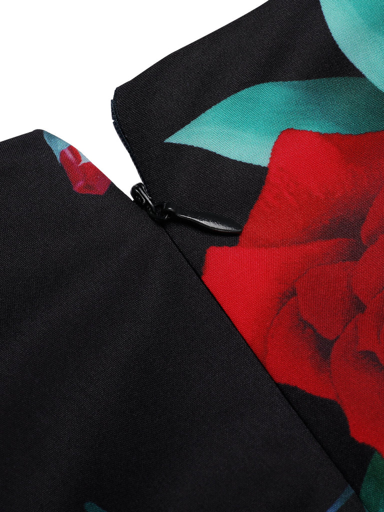 Black 1940s Rose Lantern Sleeve Lace-Up Dress, vintage dress, retro fashion, lace detail - perfect for women who love vintage and retro fashion