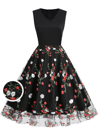 Black 1950s Floral Embroidered Patchwork Dress: timeless style reimagined