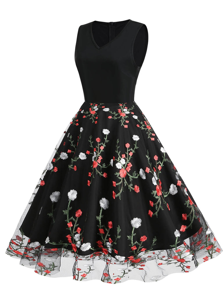 Black 1950s Floral Embroidered Patchwork Dress: timeless style reimagined