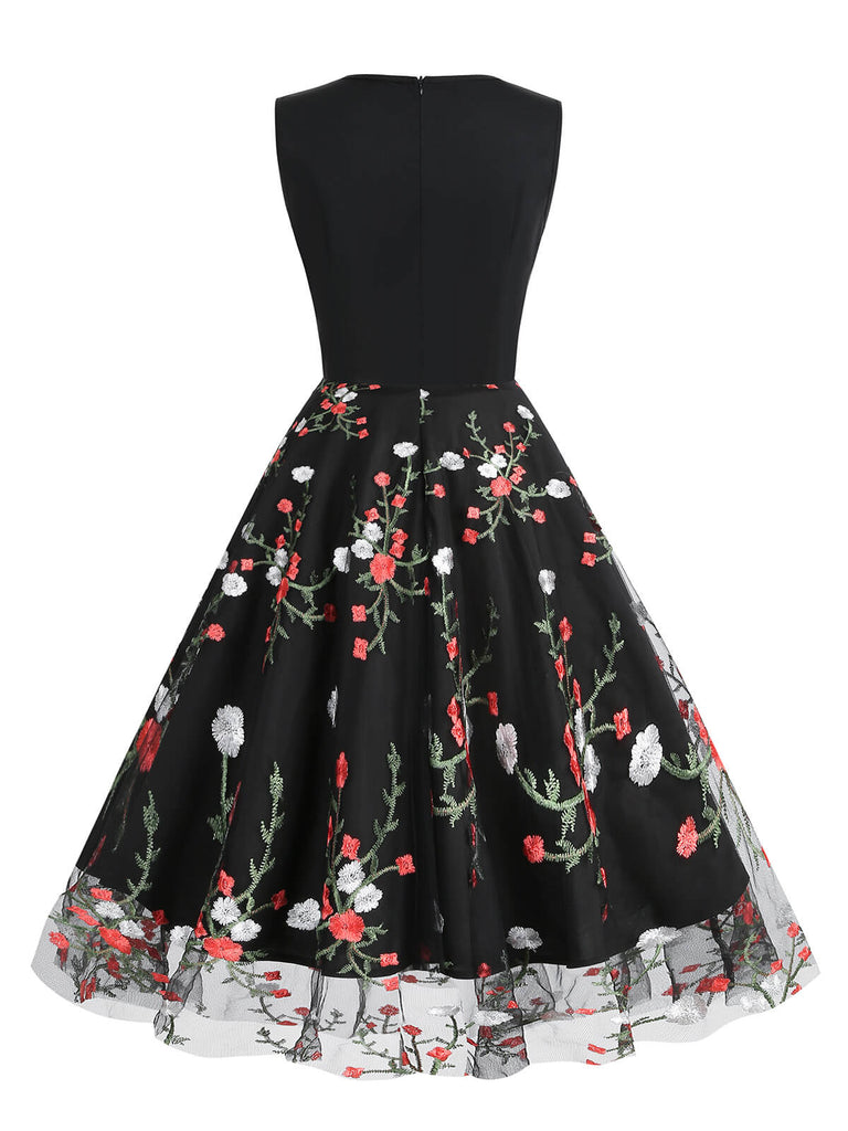 Black 1950s Floral Embroidered Patchwork Dress — vintage elegance for the modern woman