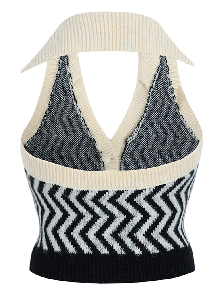 Black 1950s Knitting Stripes Halter Button Tops: timeless style reimagined