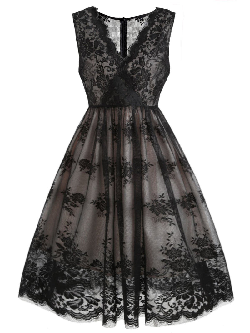 Vintage Elegant Lace Floral 1950s Swing Dress V Neck - Black/S Vintage Elegant Lace Floral 1950s Swing Dress V Neck - Black/S