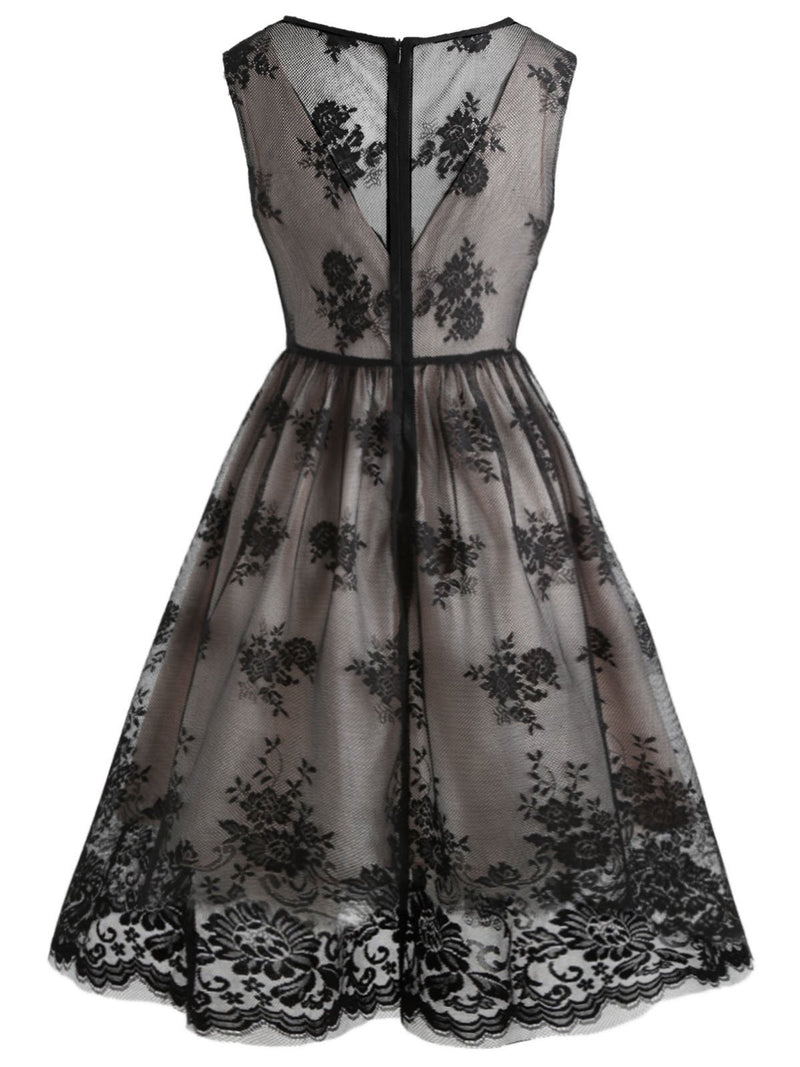 Vintage Elegant Lace Floral 1950s Swing Dress V Neck - Black/S Vintage Elegant Lace Floral 1950s Swing Dress V Neck - Black/S
