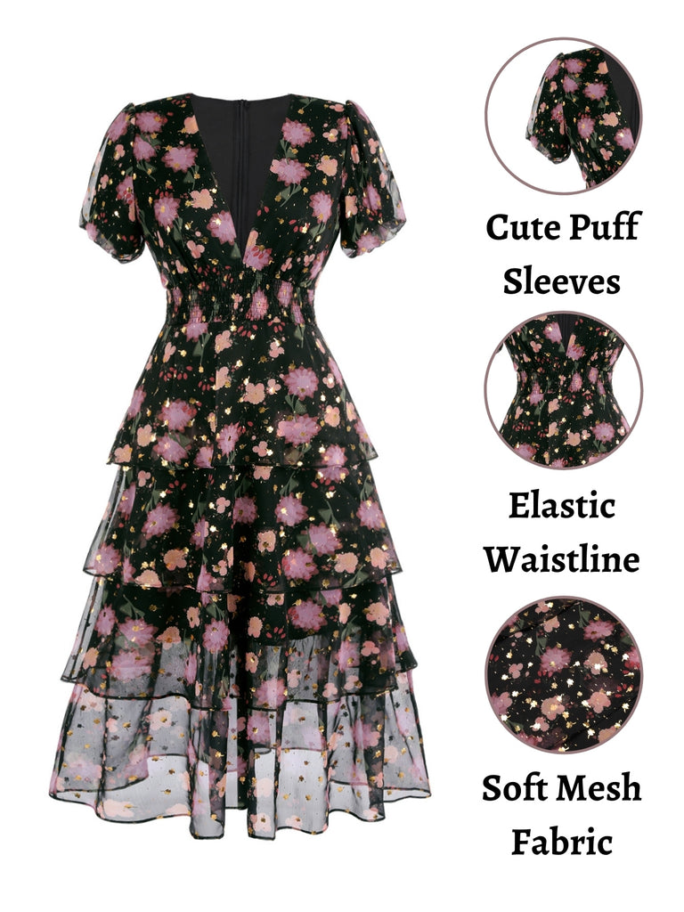 Black 1950s Lace Flowers Swing Dress | Retro Stage