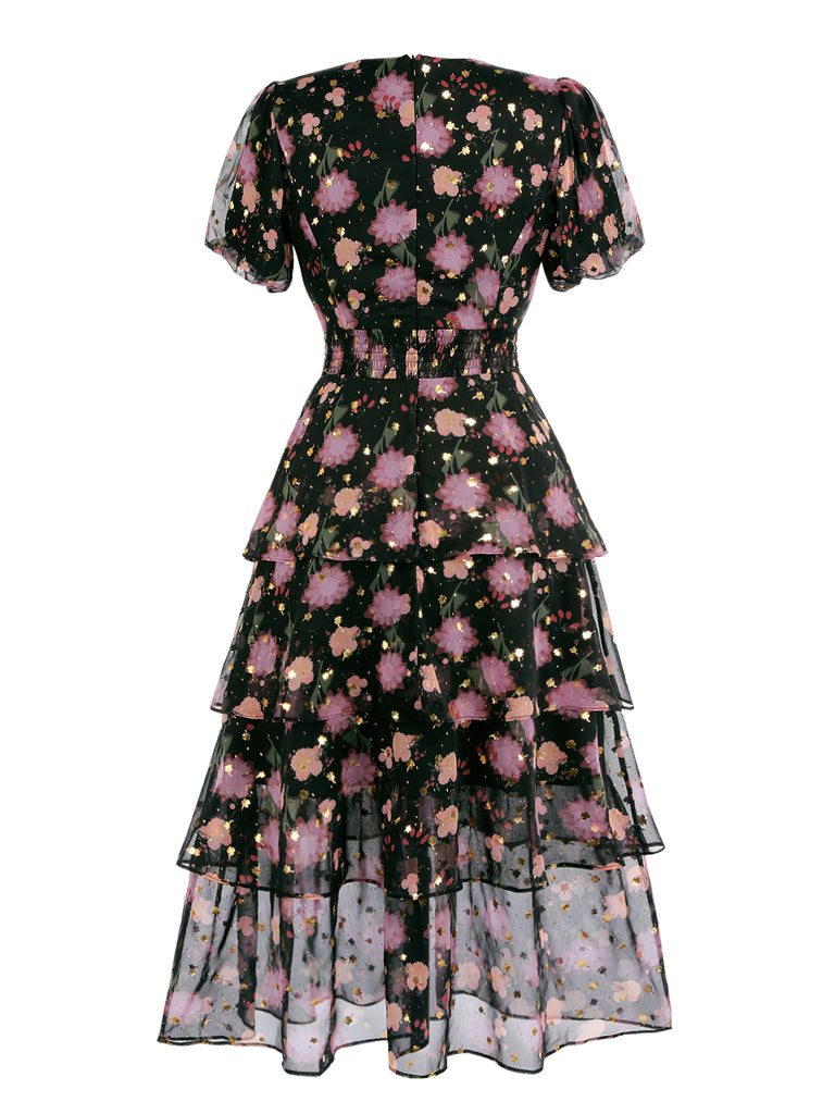 Retro Stage Black Floral Tiered Midi Dress | Gold Foil Dot Puff Sleeve V-Neck Dress Retro Stage Black Floral Tiered Midi Dress | Gold Foil Dot Puff Sleeve V-Neck Dress