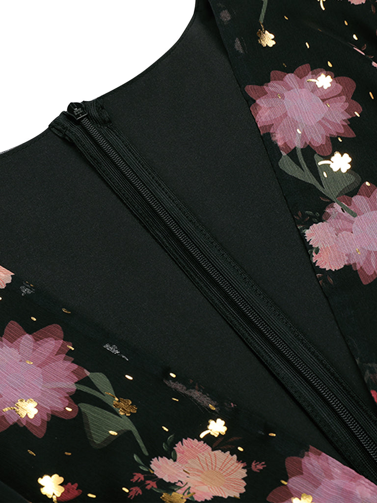 Retro Stage Black Floral Tiered Midi Dress