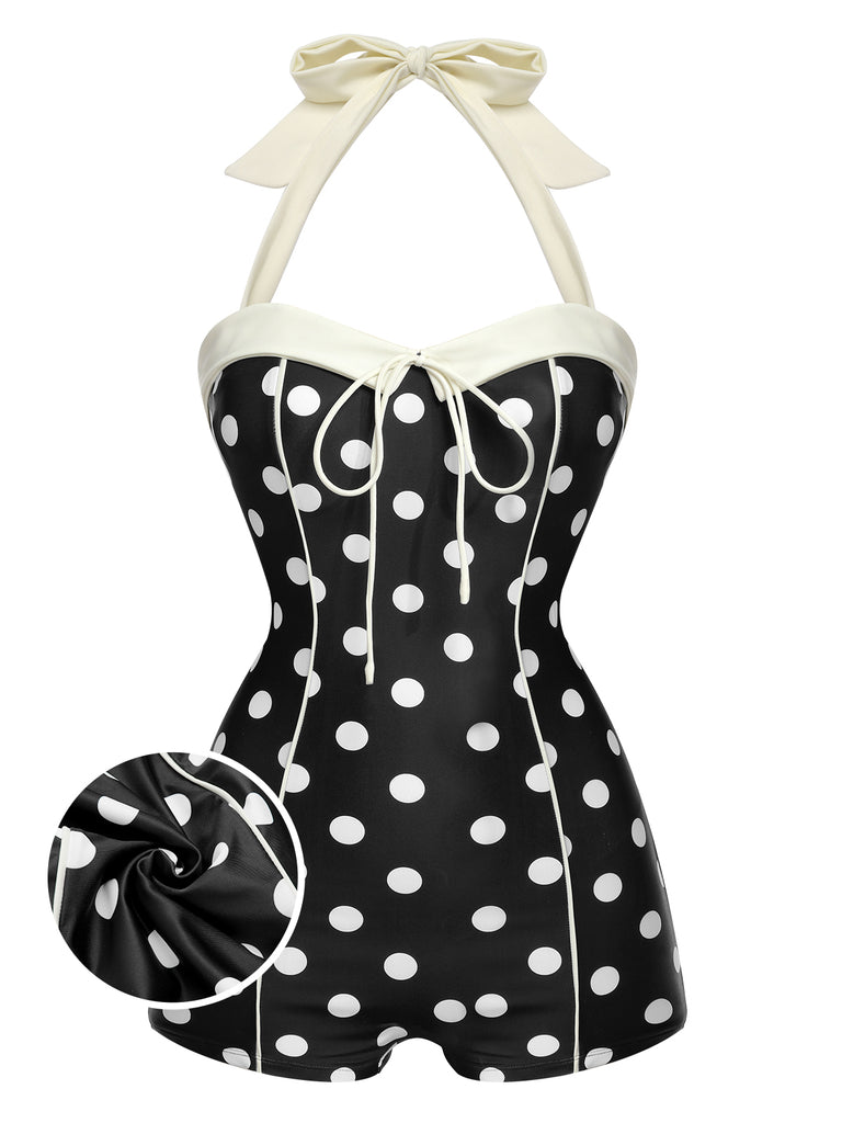 Front view: 1950s Black 1950s Polka Dots Halter Swimsuit, perfect for vintage themed parties and retro fashion enthusiasts
