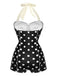 Close-up: 1950s Black 1950s Polka Dots Halter Swimsuit, perfect for vintage themed parties and retro fashion enthusiasts