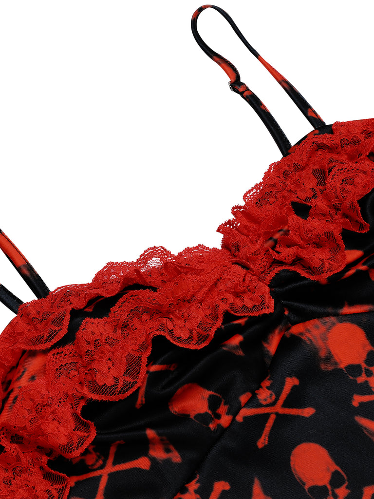 Halloween Skull Print Costume Dress | Women's Red Lace Gothic Sweetheart Party Dress Halloween Skull Print Costume Dress | Women's Red Lace Gothic Sweetheart Party Dress