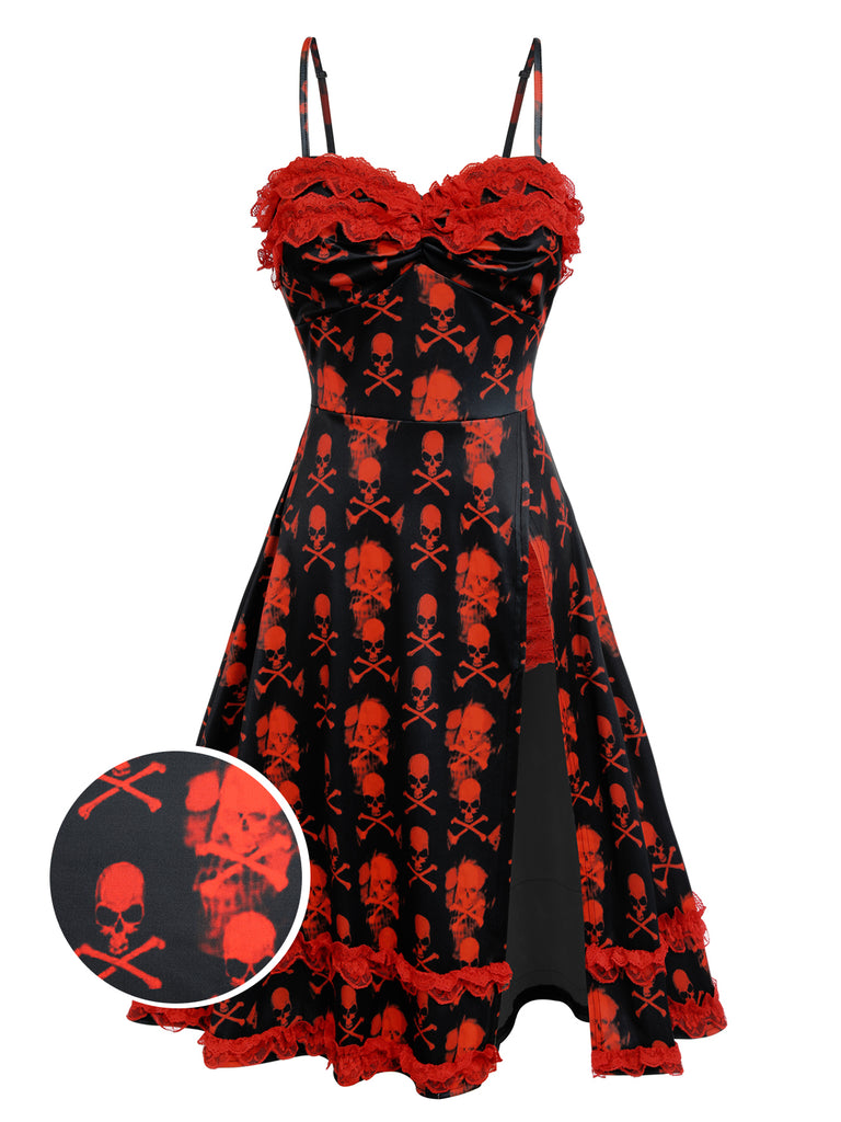 Halloween Skull Print Costume Dress | Women's Red Lace Gothic Sweetheart Party Dress Halloween Skull Print Costume Dress | Women's Red Lace Gothic Sweetheart Party Dress
