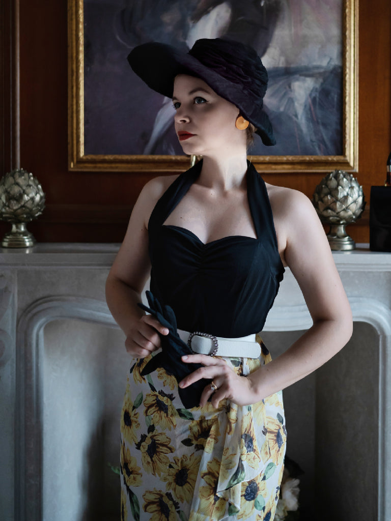 Black 1960s Halter Sunflower Pencil Dress — vintage elegance for the modern woman