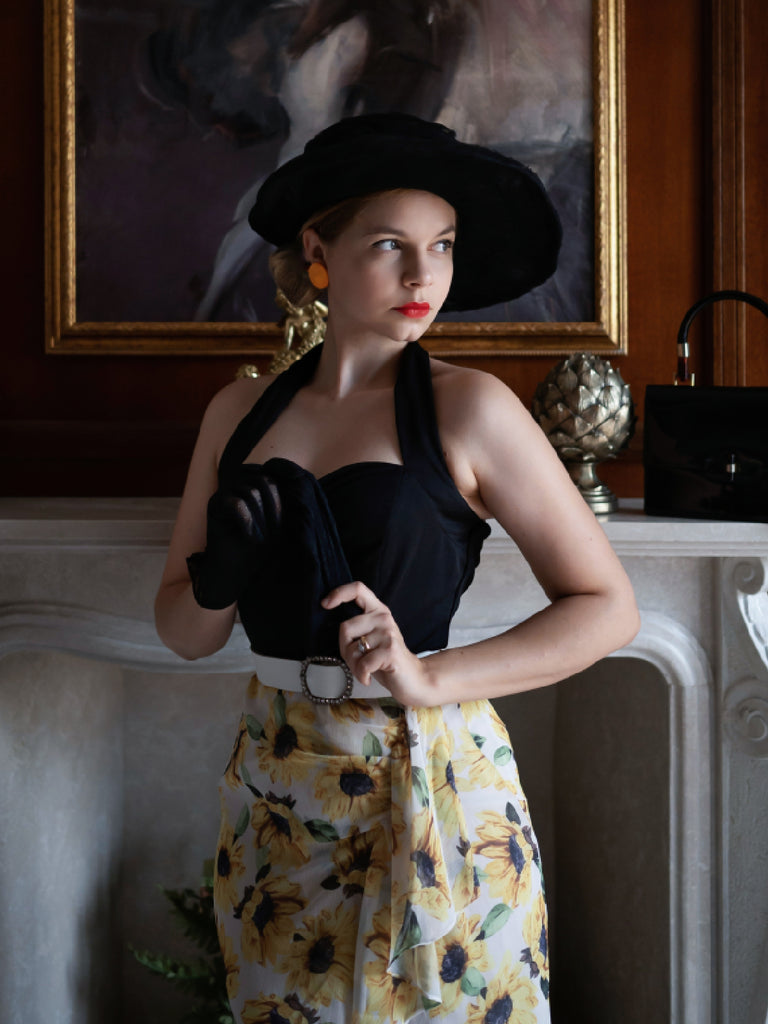 Black 1960s Halter Sunflower Pencil Dress: timeless style reimagined